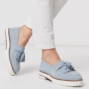 ASOS DESIGN Meze Chunky Fringed Suede Loafers in Pastel Blue Suede - New, no box